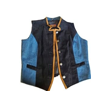 Cripple Creek Black Suede Leather Trim Denim Vest Western Pockets Womens Sz L